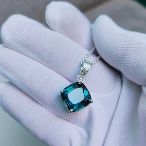 teal sapphire pendant, teal sapphire necklace,925 sterling silver necklace,cushion cut teal sapphire pendant,lab grown teal sapphire pendant