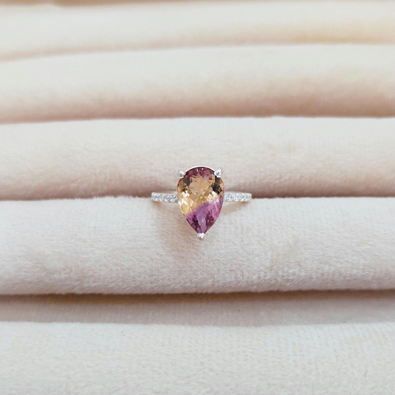 Natural Ametrine Ring: 925 Sterling Silver Engagement Ring, ametrine handmade ring, Bi colour ametrine pear ring image 2