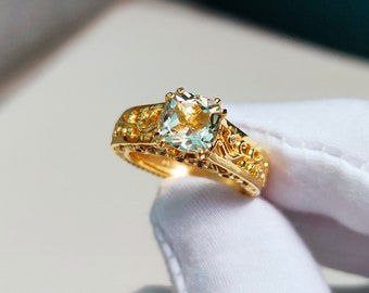 Anillo de amatista verde natural, anillo de plata de ley 925, anillo de amatista verde con corte cojín, anillo de compromiso de amatista, anillo de amatista hecho a mano