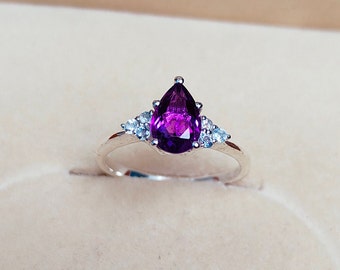 Natural purple amethyst and Aquamarine Ring, 925 sterling silver ring, pear cut amethyst hand made ring, amethyst aquamarine engagement ring