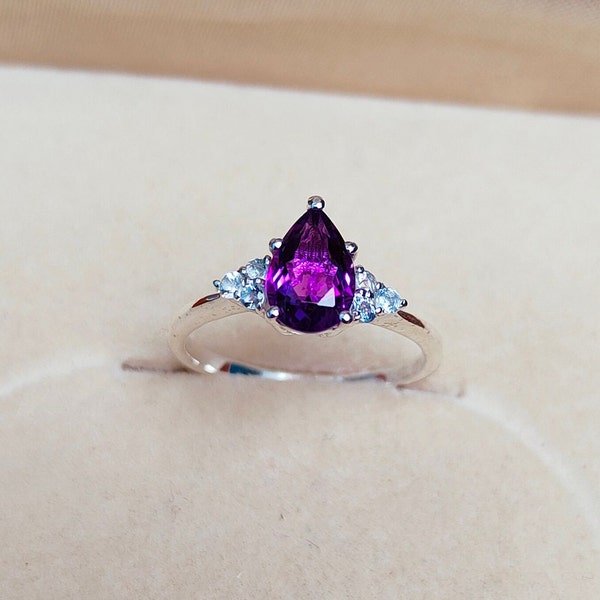 Natural purple amethyst and Aquamarine Ring, 925 sterling silver ring, pear cut amethyst hand made ring, amethyst aquamarine engagement ring