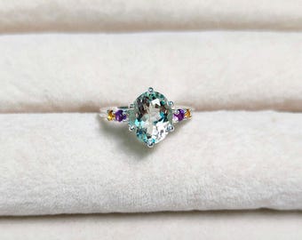 Natural Green amethyst citrine and purple amethyst ring,925 sterling silver ring,amethyst citrine hand made ring,citrine amethyst oval ring