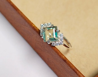 Anillo de amatista verde natural, anillo de plata de ley 925, anillo de amatista hecho a mano, anillo de compromiso de amatista verde, anillo de amatista de corte cuadrado