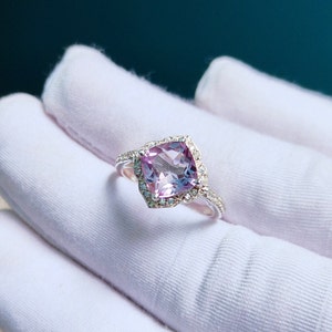 Rose de France amethyst halo Ring,Rose de france amethyst cushion cut ring,925 sterling silver ring,pink amethyst hand made engagement ring,