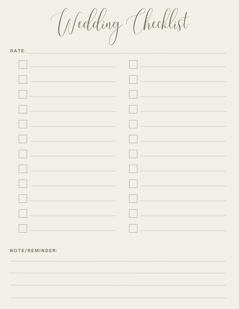 Wedding Checklist - Printable and Downloadable - Etsy