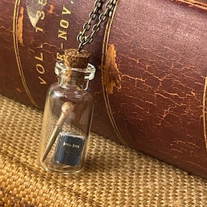 Bottled Book Collector Necklace, Miniature Spell Book and Tiny Wand