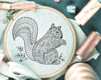 Hand Embroidery Patterns PDF, Scandinavian Folk Art Flora Squirrel, Woodland Creature Cottagecore Design Style, Limited Commercial Use