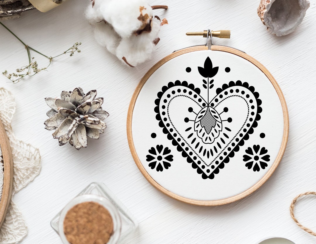 Hand Embroidery Patterns PDF, Scandinavian Folk Art Floral Heart ...