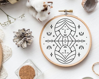 Hand Embroidery Patterns PDF, Gemini Zodiac Drawing, Witchy Cottagecore Design Style, Limited Commercial Use