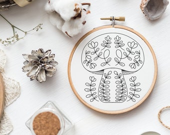 Hand Embroidery Patterns PDF, Scandi Folk Art Floral Mushroom, Cottagecore Design Style
