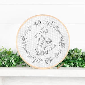 Hand Embroidery Patterns PDF, Mystical Folk Art Mushrooms in a Wreath, Cottagecore Design Style