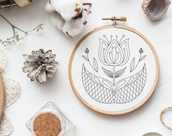 Hand Embroidery Patterns PDF, Scandi Folk Art Flower, Cottagecore Design Style