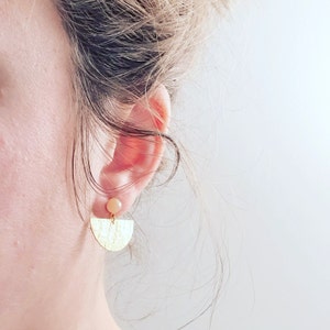 Half moon earrings with pink moonstone cabochon - handmade