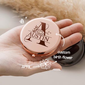 Custom Monogram Initial Compact Mirror, Personalized Birth Flower Pocket Mirror, Family Name Makeup Mirror for Mom, Mothers Day Gift for Her