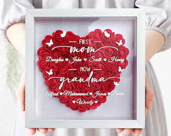 Personalized Flower Shadow box | Custom Mothers Day Gifts For Grandma | Roses Shadowbox with Names Gift For Mom | Flower Gift Box For Her