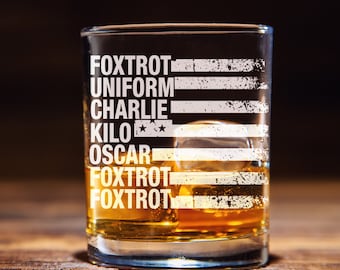 Foxtrot Veteran Day Whiskey Glass, Army Bourbon Glass, Fathers Day Gift For Him, Veteran GIfts For Grandpa, Patriotic Gifts