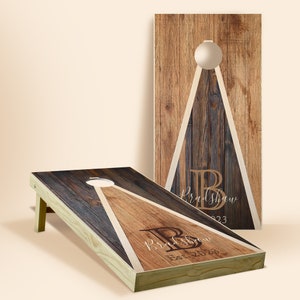 Custom Cornhole Board Wraps | Personalized Cornhole Decals | Rustic Wood Tone Monogram Triangle Cornhole | Father's Day Gift For Dad