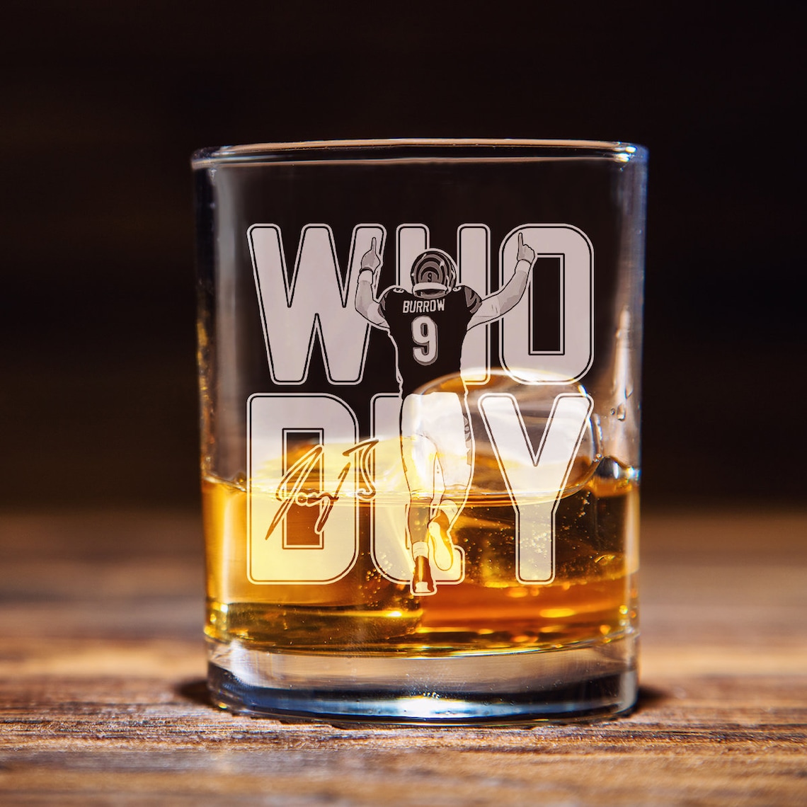 Joe Burrow Who Dey Whiskey Glass, Cincinnati Football Bourbon Glass