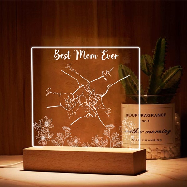 Custom Best Mom Ever Acrylic Night Light, Personalized Holding Hands Gift for Mom or Grandma, Mother's Day Gift