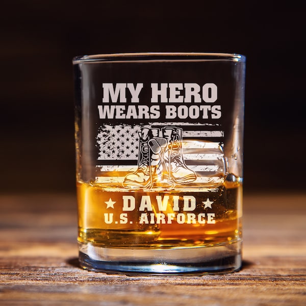 Veteran Day My Hero Wears Boots Custom Whiskey Glass, Army Bourbon Glass, Fathers Day Gift For Him, Veteran Gift For Grandpa, Patriotic Gift