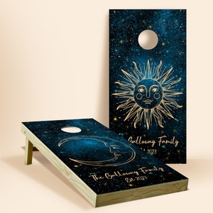 Custom Cornhole Board Wraps | Personalized Cornhole Decals | Sun Moon Astrology Celestial Glitter Monogram Cornhole | Father's Day Gift