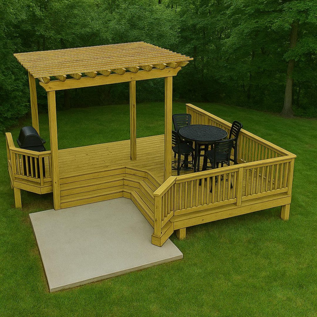 DIY Deck Design Plan L Shaped 2 Level With Pergola & Cascading ...