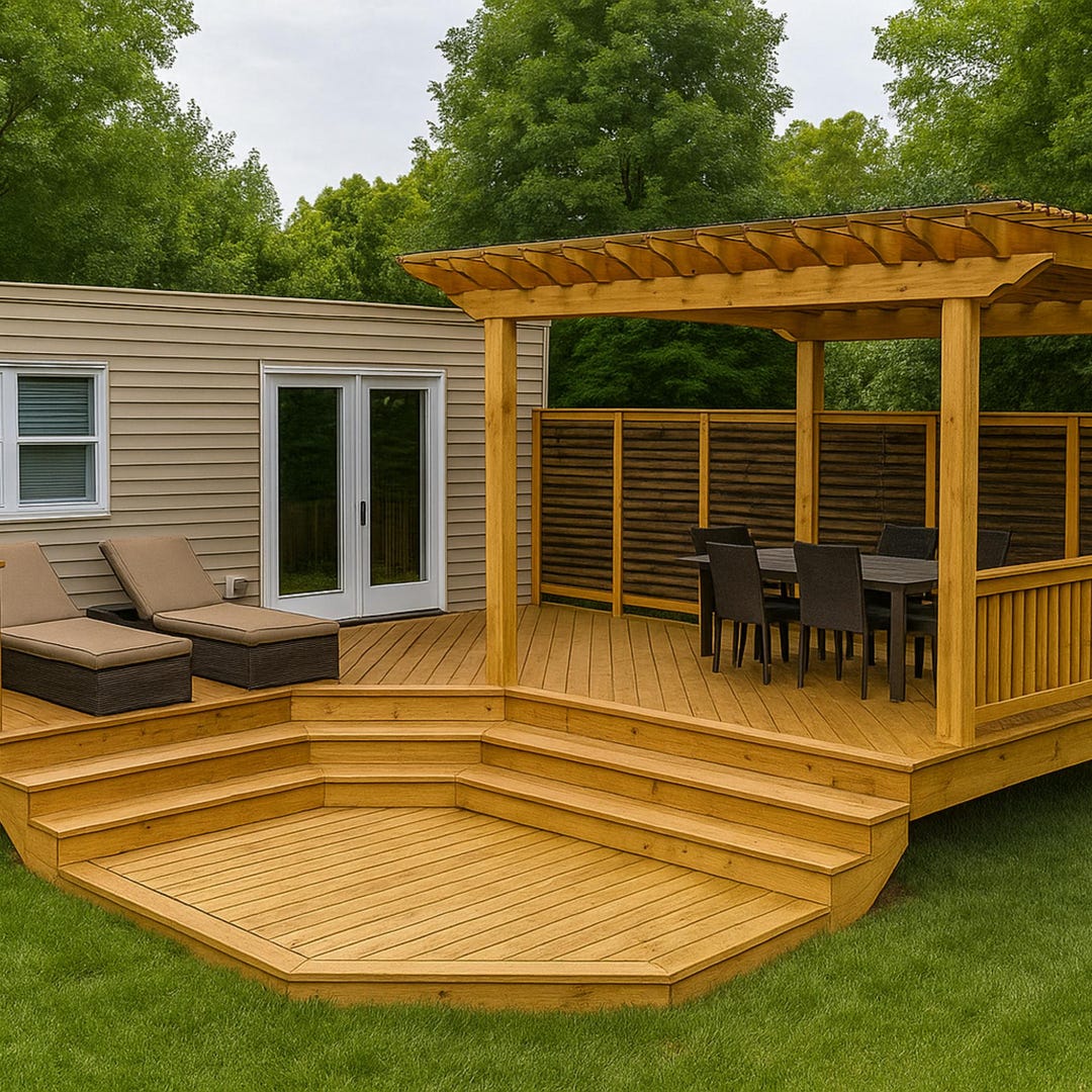 DIY L-shaped Deck Plans With 12x12 Pergola, Privacy Wall & Staircase ...