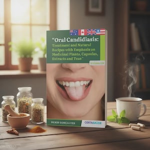 Puede incluir: Imagen de un libro titulado "Oral Candidiasis: Treatment and Natural Recipes with Emphasis on Medicinal Plants, Capsules, Extracts and Teas". La portada presenta una boca. También se ven frascos de hierbas y una taza de té.