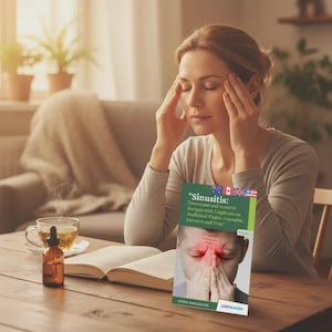 Puede incluir: Una mujer con los ojos cerrados, tocándose las sienes, está sentada en una mesa de madera. Un libro titulado "Sinusitis: Tratamiento y recetas naturales" está apoyado. Una taza de té y una pequeña botella con un cuentagotas también están sobre la mesa.