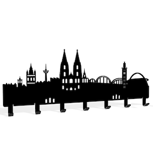 Könnte beinhalten: Schwarzer Schlüsselhalter aus Metall in Form der Kölner Skyline. Der Halter verfügt über eine Reihe von Haken zum Aufhängen von Schlüsseln, Mänteln oder anderen Gegenständen.