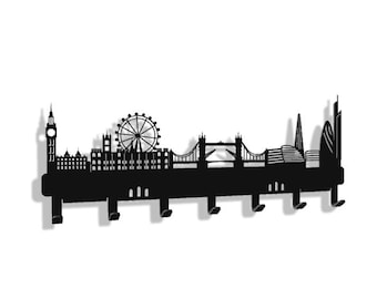 Stojak na klucze London Skyline ze stali, klawiatura i uchwyt na klucze, kurtki, ręczniki, steland metallmanufaktur®