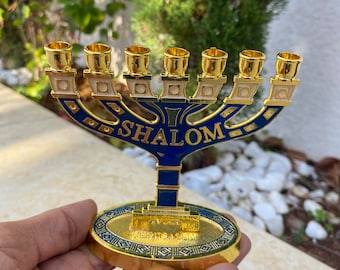 3.93”  inches chanukah Menorah  7 branch hanukah menorah  Gold & blue  metal , high quality from JERUSALEM holy land