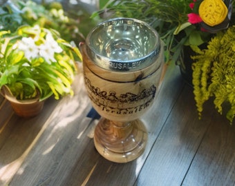 Liquidación de existencias, Cáliz de madera de olivo de 8,26 pulgadas tallado a mano, Última Cena, Jerusalén, Artesanía