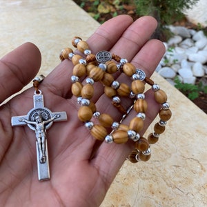 12 pcs olive wood beads catholic necklace rosary with stainless steel cross , very high quality , from JERUSALEM holyland