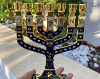 6.88” inches chanukah Menorah |   7 branch hanukah menorah  | Jewish holyday | Gold & blue  metal , high quality from JERUSALEM holy land
