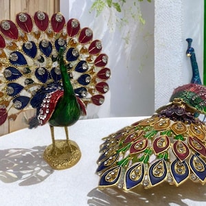 2 Peacock statues made of high quality Enamel Metal , Crystals and Zircon - Home Decor