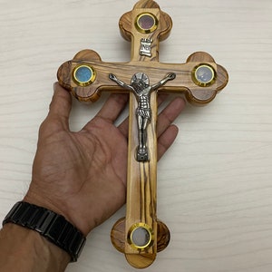 Olive wood  crucifix wall decor , big size Orthodox Cross INBI hand made from jerusalem holyland  with holy soil and incense 27.5 cm x 18 cm
