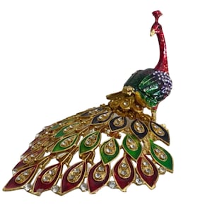 peacock figurine made of premium quality enamel coated metal, adorned with crystals and zircons| home decor