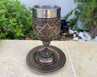 Star of David Menorah Chalice, made of  Cold Cast Bronze Coated Polyresin, stainless cup