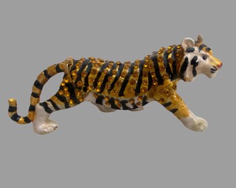 Enamel Tiger Figurine: Crystal Zircon Jewelry Box