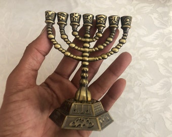 7 branch  enameled bronze  menorah, chanukah jewish candles from Jerusalem holy land 9 X 11 cm ( height 4.33 inch , width 3.64 inch )