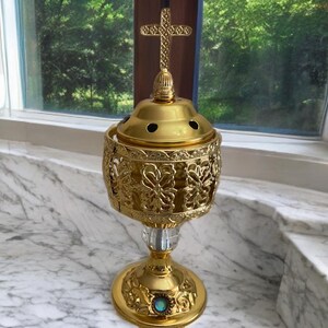DDP Customs duties and taxes are covered by me 20 cm Incense burner made of high quality metal plated gold color from JERUSALEM holy land