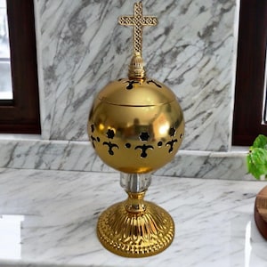 DDP Customs duties and taxes are covered by me 20 cm Incense burner made of high quality metal plated gold color from JERUSALEM holy land