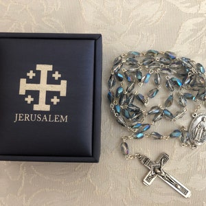 Blue Colored Luxurious Crystal beads Catholic rosary from the holy land Jerusalem , 60 cm , Terra Santa