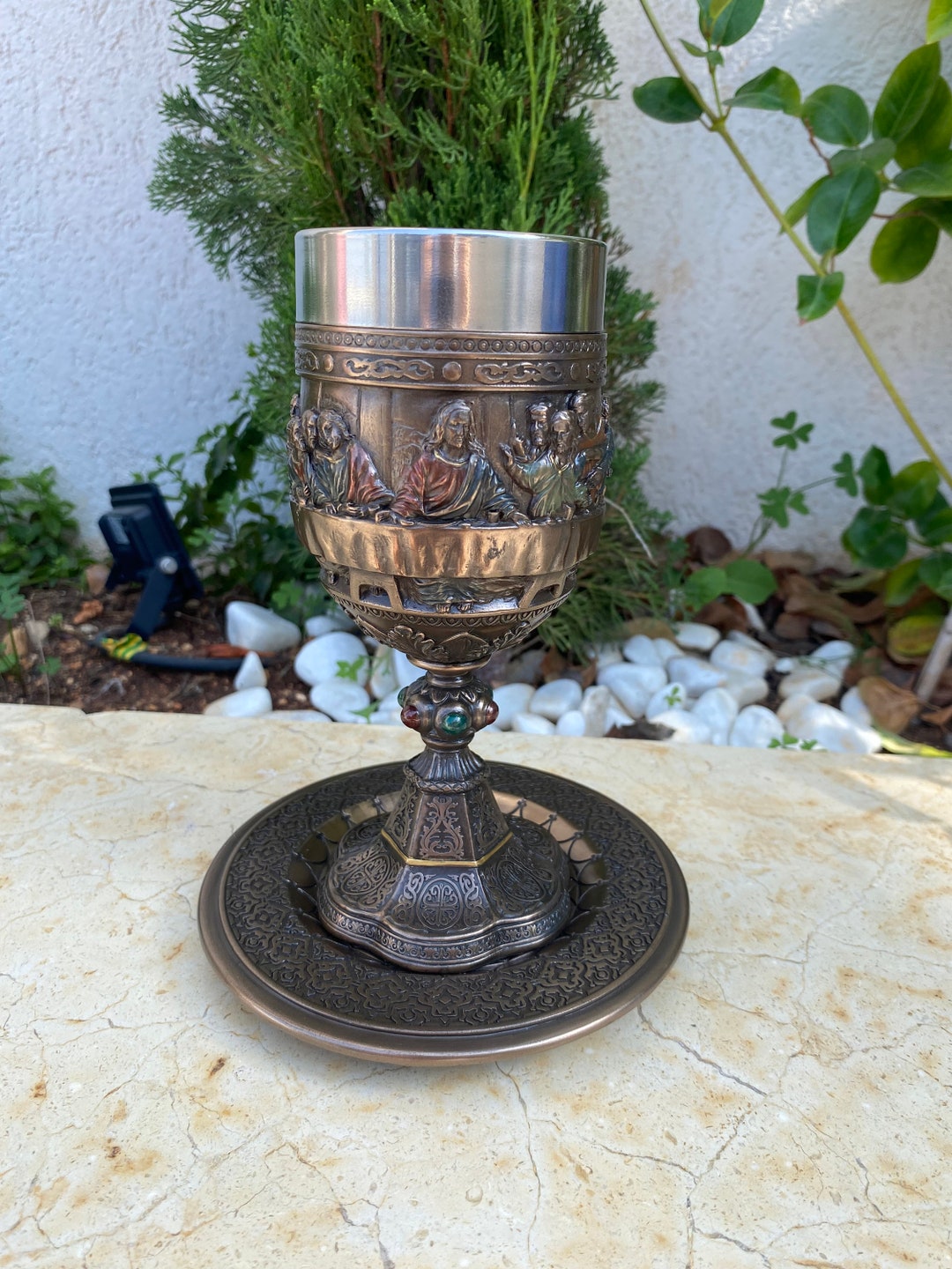 7.48 Inch the Last Supper Chalice Cup and Plate Catholic Decor Jesus