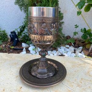 7.48” (19 cm )  Veronese Design , The Last Supper Chalice cup and plate  , very high quality made of  Cold Cast Bronze Coated resin