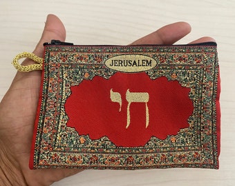 hand made coins purse , Pouch with zipper made of fabric from Jerusalem 10 X 15 cm ( 5.9 inch X 4 inch)High quality From JERUSALEM holy land