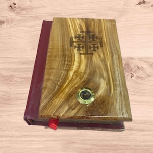 HOLY BIBLE olive wood cover with holy soil from JERUSALEM holyland , terra santa