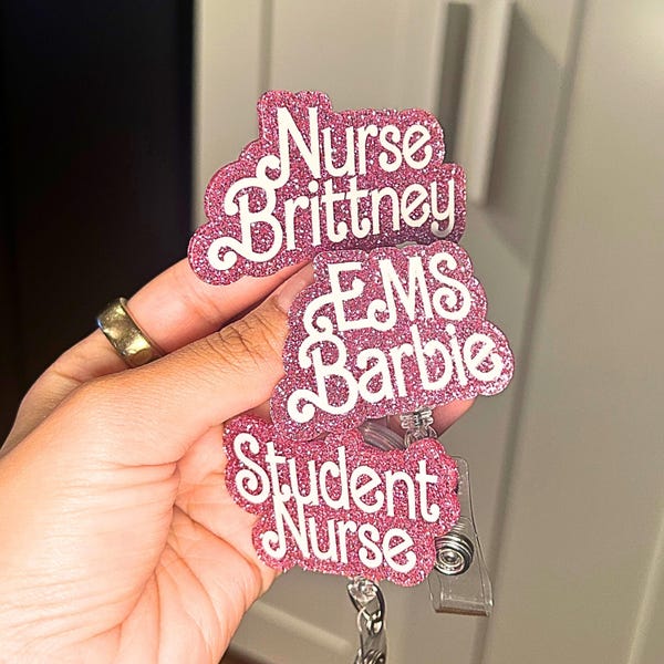 Pink Sparkly Doll-Inspired Badge Reel – Custom Glitter Name Tag for Healthcare Babes