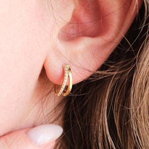 Double Hoop Huggie Earrings, Pave Gold Huggie Hoops, Diamond Earrings, Bridesmaids Gifts, Wedding Earrings, Mom Gifts, Christmas Gifts
